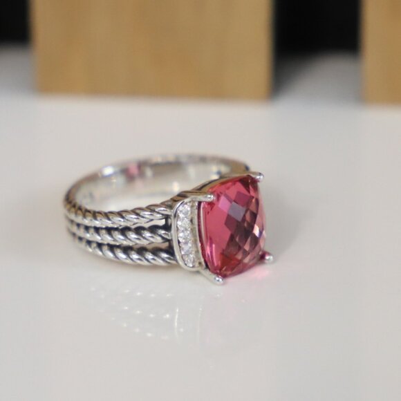 David Yurman Sterling Silver Petite Wheaton Ring Tourmaline & Diamonds size 7.5 - Picture 3 of 7